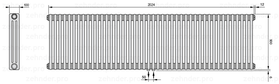 Схема (чертеж) Радиатор Zehnder Charleston 3090/44 №5410 Белый глянцевый RAL 9016